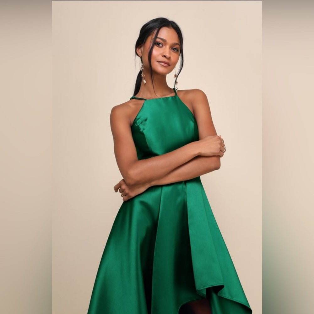 Satin Emerald Green High Low Dress